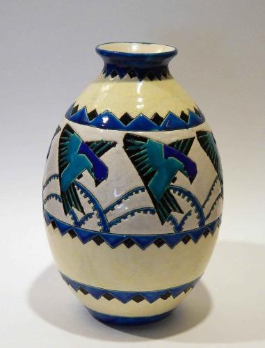 Keramis Belgian Ceramic Vase with Deco Bird Design by Bosche Keramis