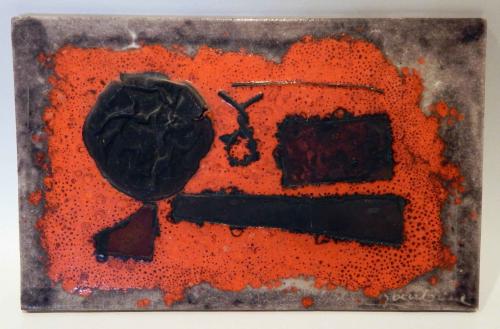 Unique Guido Gambone Abstract Ceramic Tray with Applied Copper by Guido Gambone