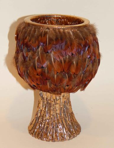 Ken Shores Chalice Form Ceramic with Feathers by Ken Shores