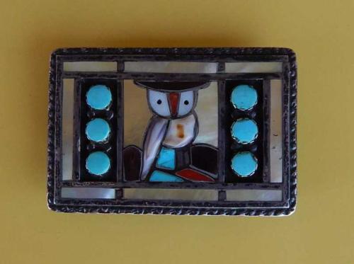 Native American Sterling Belt Buckle with Owl Design by Pitkin Natewa